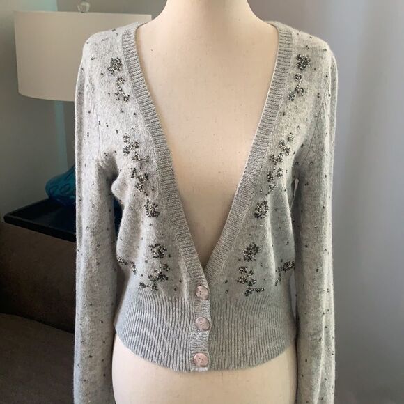 American Eagle Beautiful Beaded Angora Hair Cardigan sz med - Picture 2 of 9